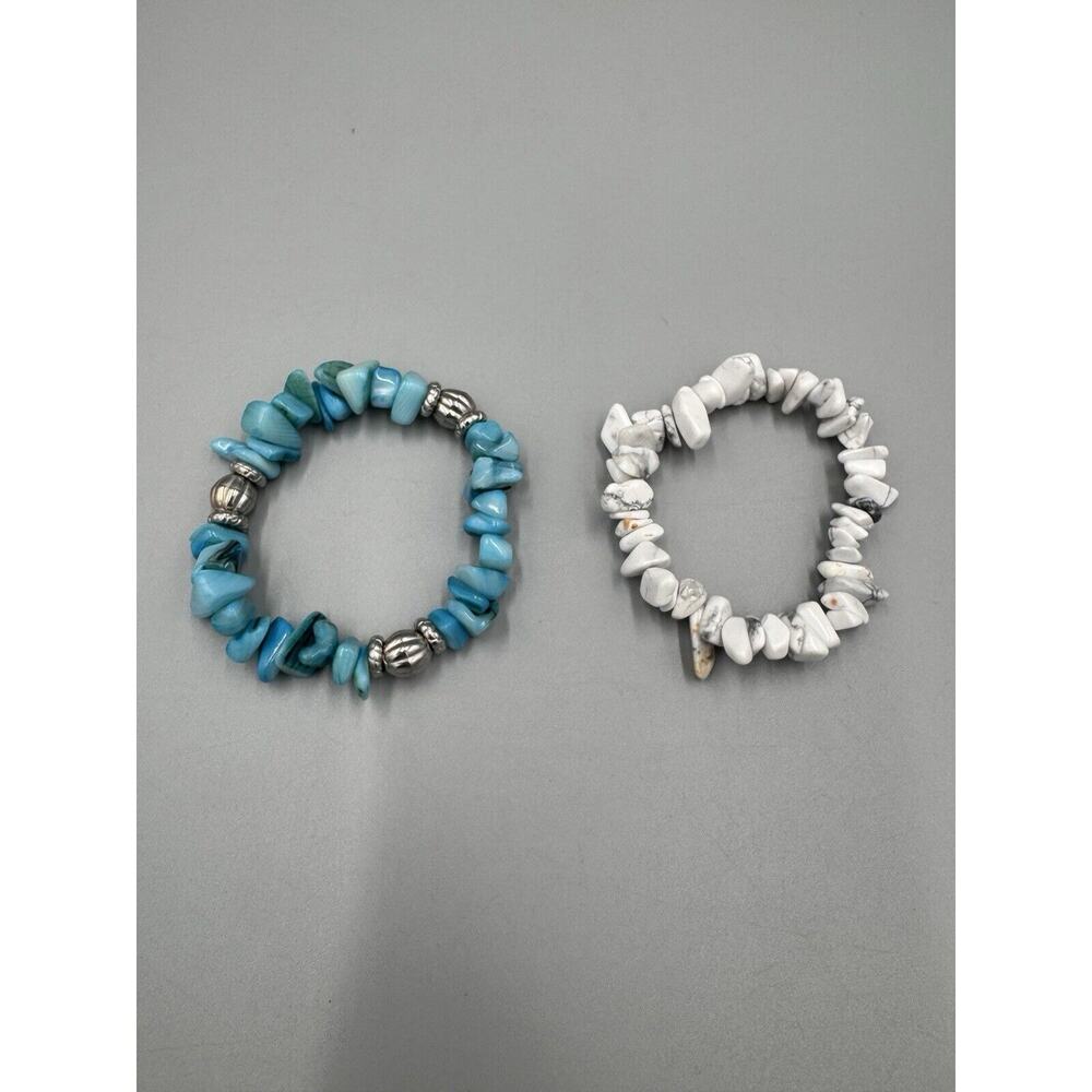 Boho Asymmetrical Shell Style Stretchy‎ Slide On Bracelet Set Of 2 White Teal